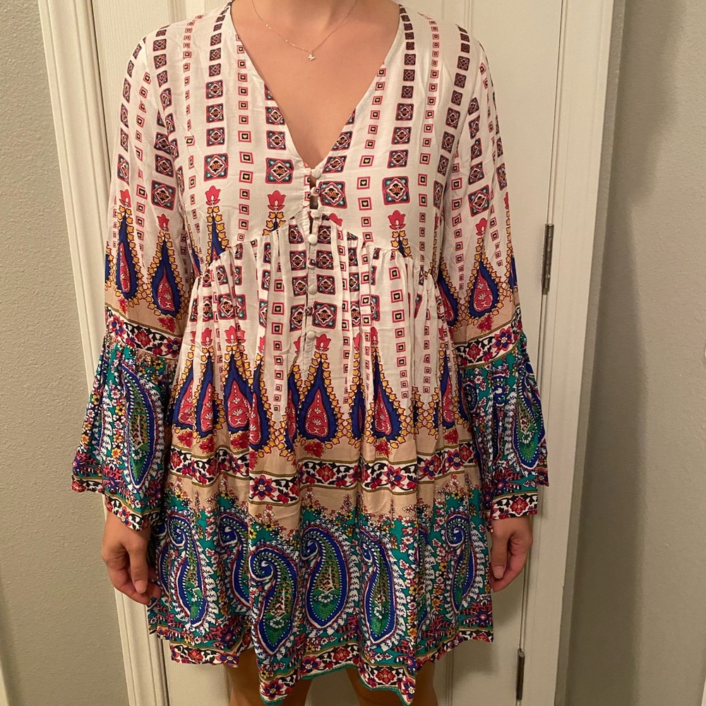 Bohemian White Pattern Flowy Dress